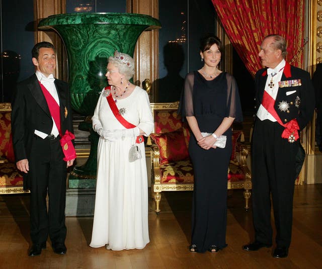 French President Nicolas Sarkozy, Queen Elizabeth II, French First Lady Carla Bruni-Sarkozy, and the Duke of Edinburgh at Windsor in 2008 