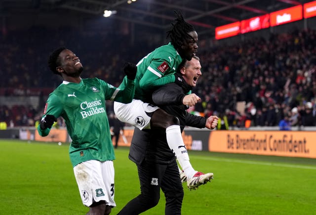 Caretaker manager Kevin Nancekivell celebrates Plymouth's win at Brentford