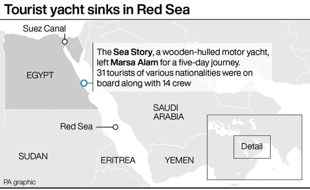 Map showing where tourist yacht sank in Red Sea