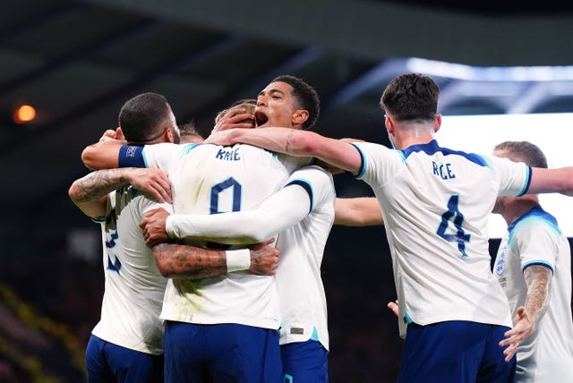 England celebrate Harry Kane's goal against Scotland