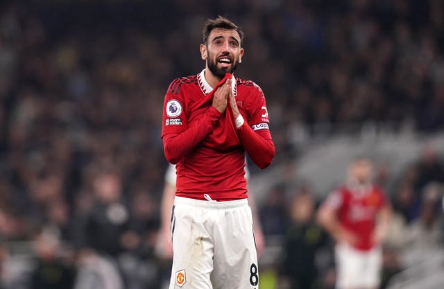 Bruno Fernandes shows his emotion during the game against Tottenham
