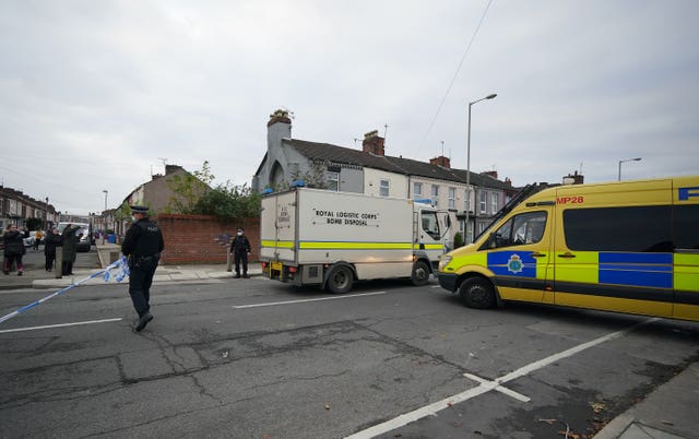 A Royal Logistic Cops Bomb Disposal van near Sutcliffe Street (Peter Byrne/PA)