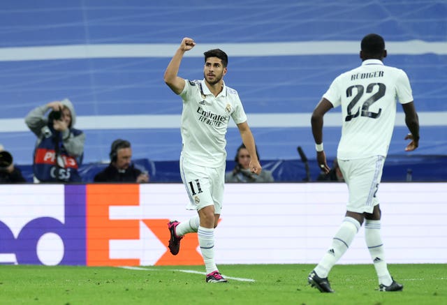 Marco Asensio celebrates scoring Real Madrid''s second goal 