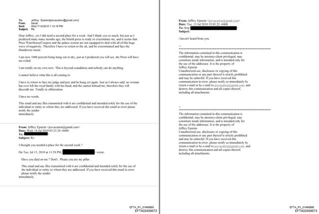 An apparent email exchange between Jeffrey Epstein and Sarah Ferguson