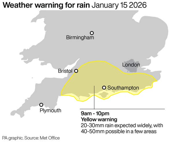 Map of southern England and Wales highlighting the areas covered by the weather warning