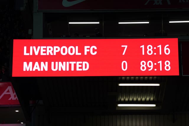 The scoreboard at Anfield as Liverpool beat Manchester United 7-0 (Peter Byrne/PA)