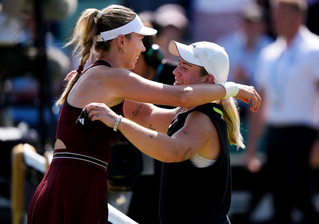 Katie Boulter and Sonay Kartal embrace following a match in Nottingham