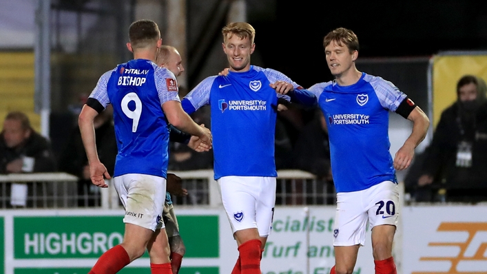 Portsmouth�s Joe Pigott (centre) celebrates scoring his side’s third goal during the Emirates FA Cup first round match at Edgar Street, Hereford. Picture date: Friday November 4, 2022.