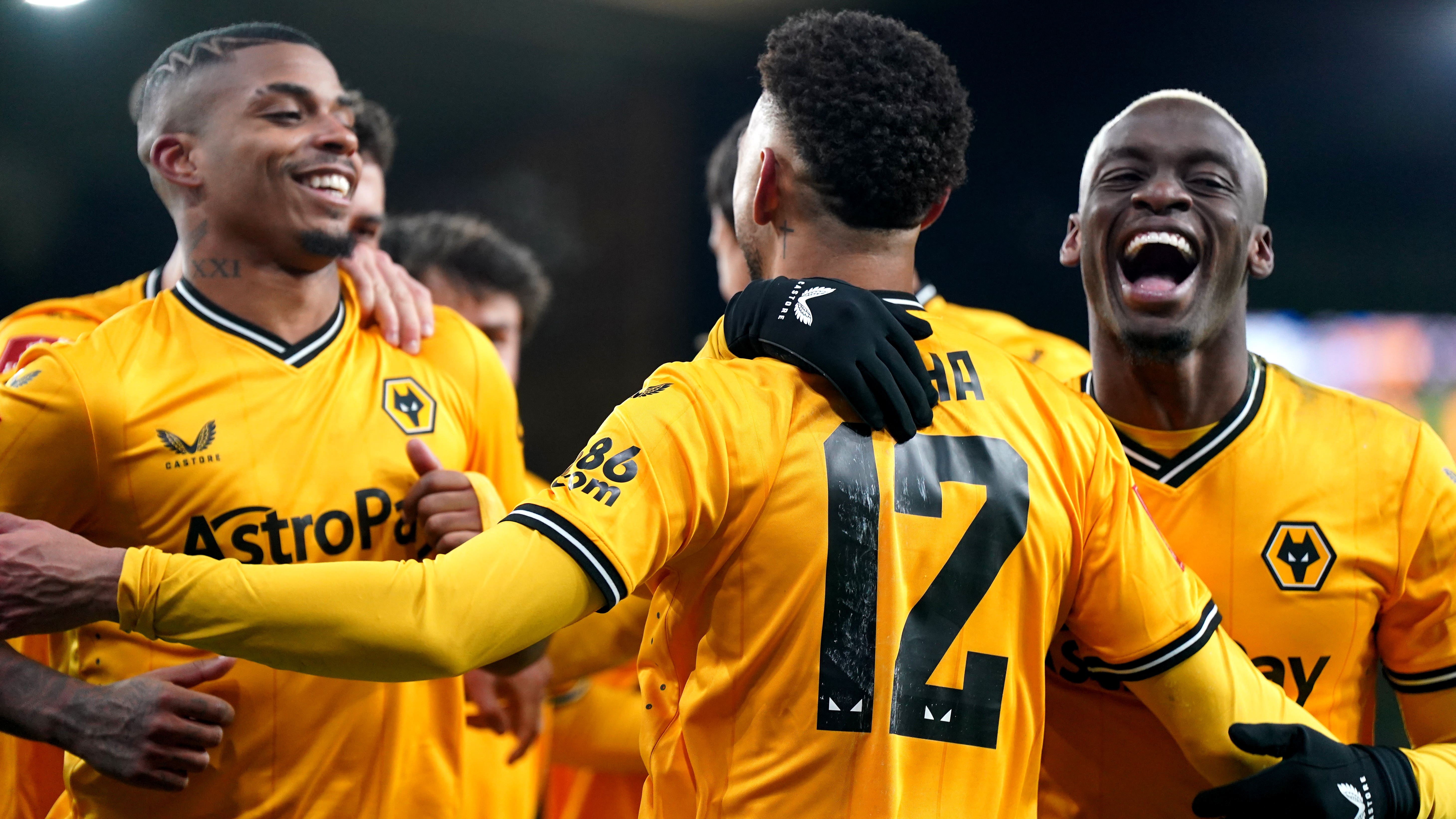 Matheus Cunha (centre) celebrates his goal on Tuesday (Jacob King/PA)