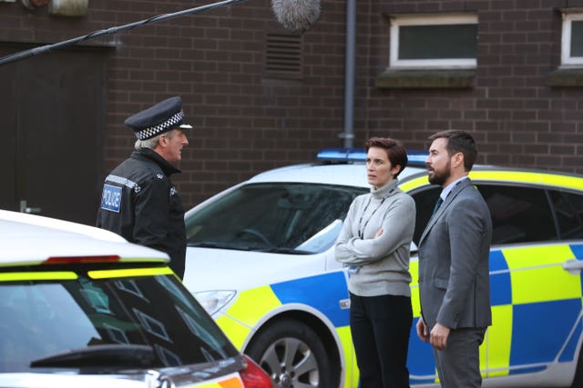 Adrian Dunbar, Vicky McClure and Martin Compston on the set of the final series of Line of Duty