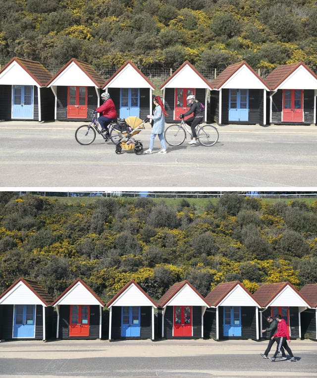 Composite of photos of the seafront in Bournemouth taken today (top) and the same view on 24/03/20 (bottom), the day after Prime Minister Boris Johnson put the UK in lockdown