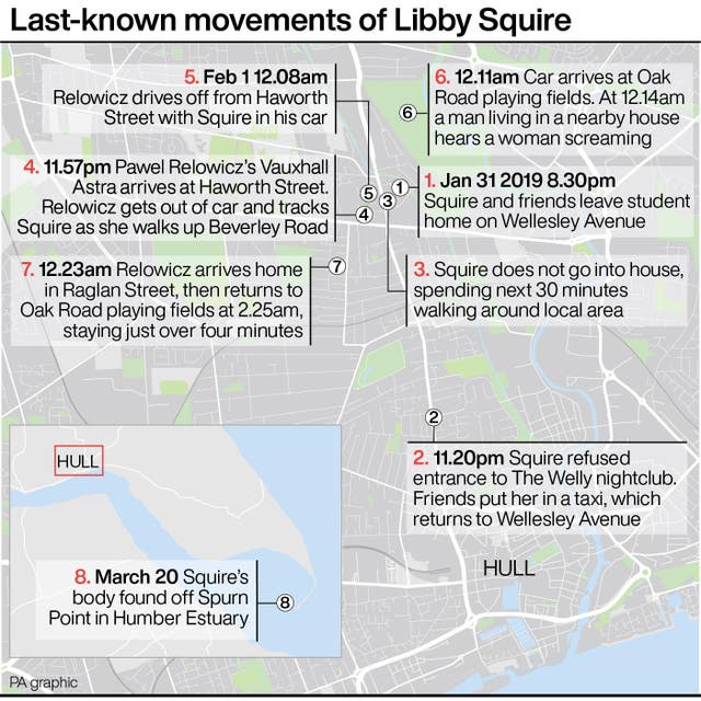 Last-known movements of Libby Squire