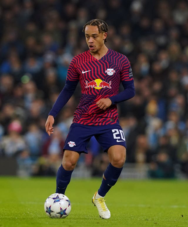 Xavi Simons pictured in action for RB Leipzig in a Champions League match in November 2023