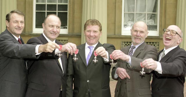 Alan Ball, centre, receives an MBE in 2000 alongside fellow World Cup winners, left to right, Roger Hunt, George Cohen, Ray Wilson and Nobby Stiles