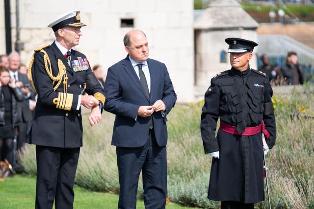 Sir Tony Radakin, Chief of Defence Staff (left) and Defence Secretary Ben Wallace (middle) watch members of the Honourable Artillery Company during the Gun Salute at the Tower of London to mark the death of Queen Elizabeth II