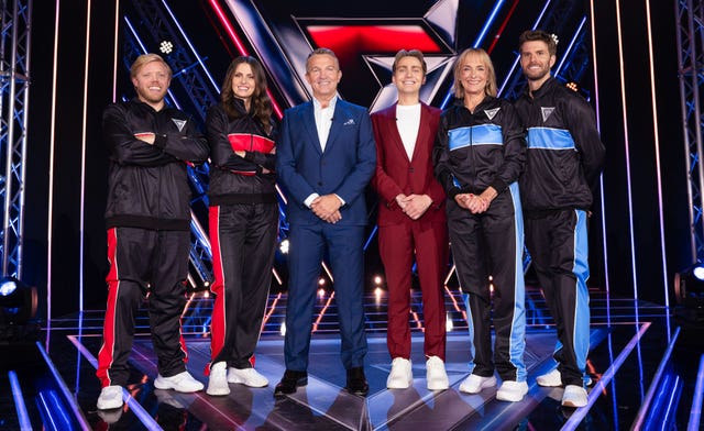 Rob Beckett, Ellie Taylor, Bradley Walsh, Barney Walsh, Louise Minchin and Joel Dommett, as they appears in BBC’s Gladiators Celebrity Special.