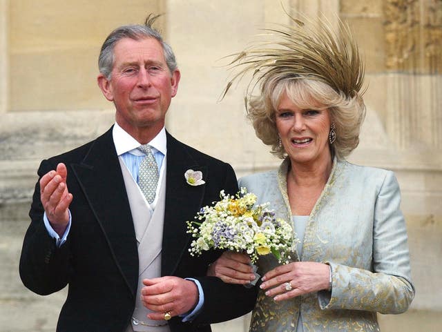 Prince Charles and the Duchess of Cornwall outside St Georges’ Chapel, Windsor England, following a blessing of their marriage (Stefan Rousseau/PA)