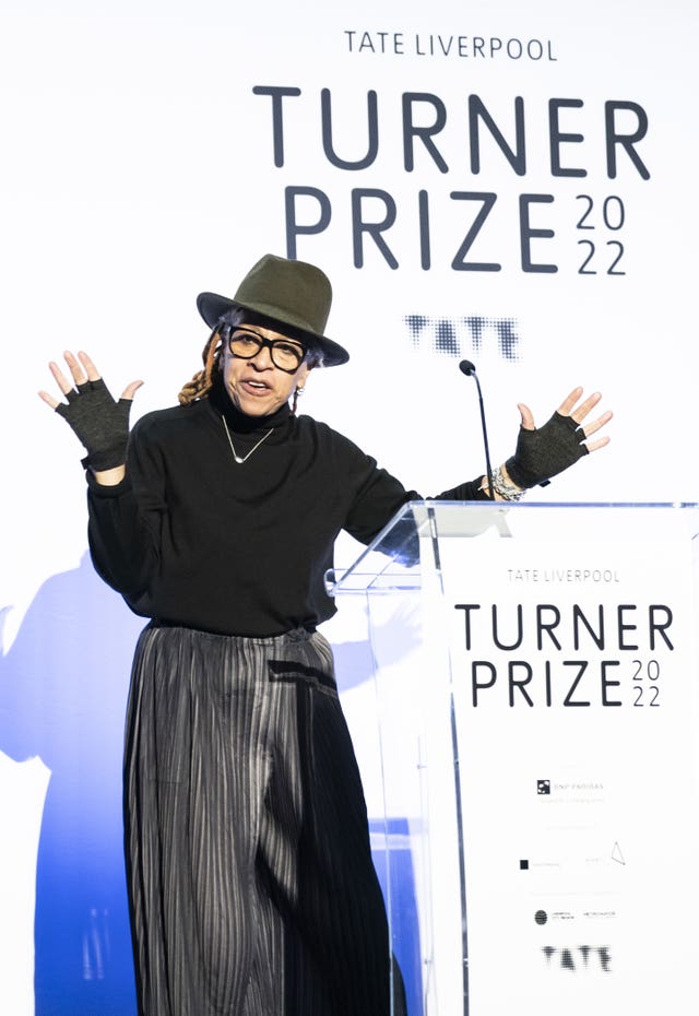 Sculptor Veronica Ryan celebrates after being announced the winner of the Turner Prize at St George’s Hall in Liverpool
