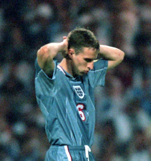 Gareth Southgate looks dejected after missing his penalty at Euro 96