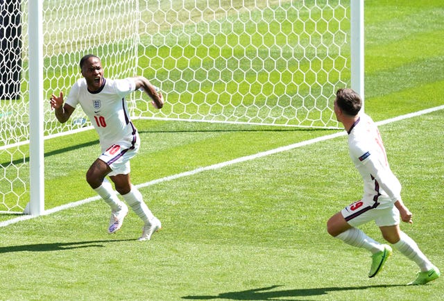 Raheem Sterling, left, scored England's winner with his first tournament goal