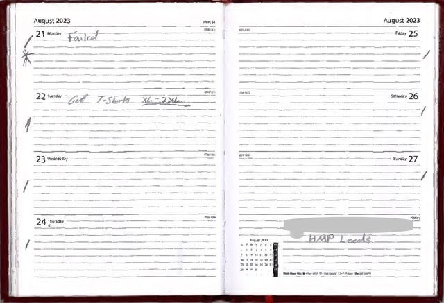 An asterisk and the word 'failed' next to the date of August 21 in Daniel Khalife’s prison diary, the date of his ‘fake’ escape attempt