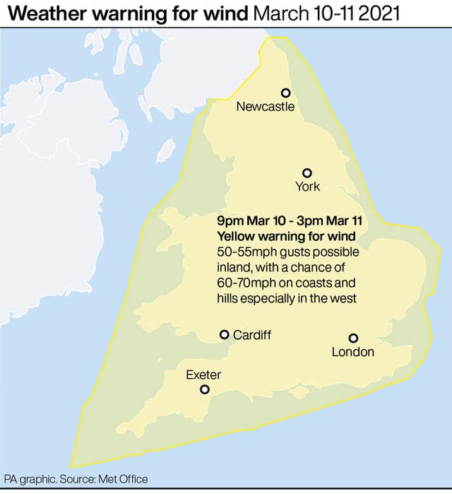 Weather warning for wind March 10-11 2021