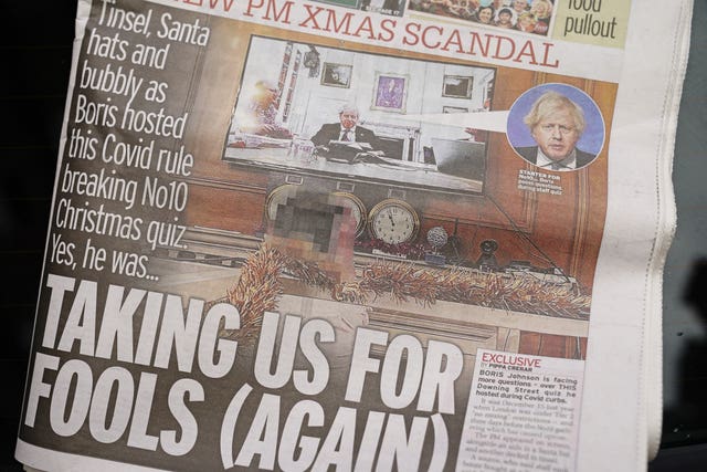 The front page of The Sunday Mirror featuring an image of a screen with Prime Minister Boris Johnson sitting in front of a laptop (Aaron Chown/PA)