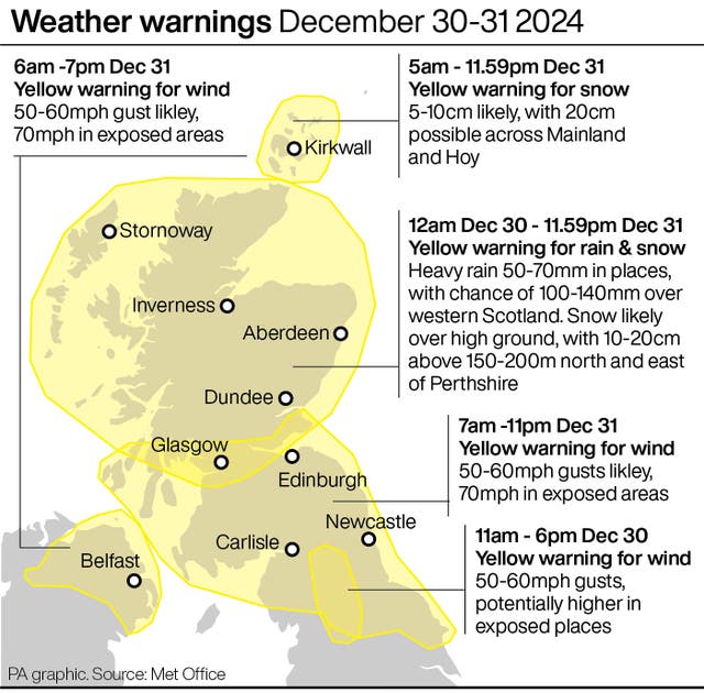 A PA graphic showing Met Office weather warnings for the UK for December 30 and 31