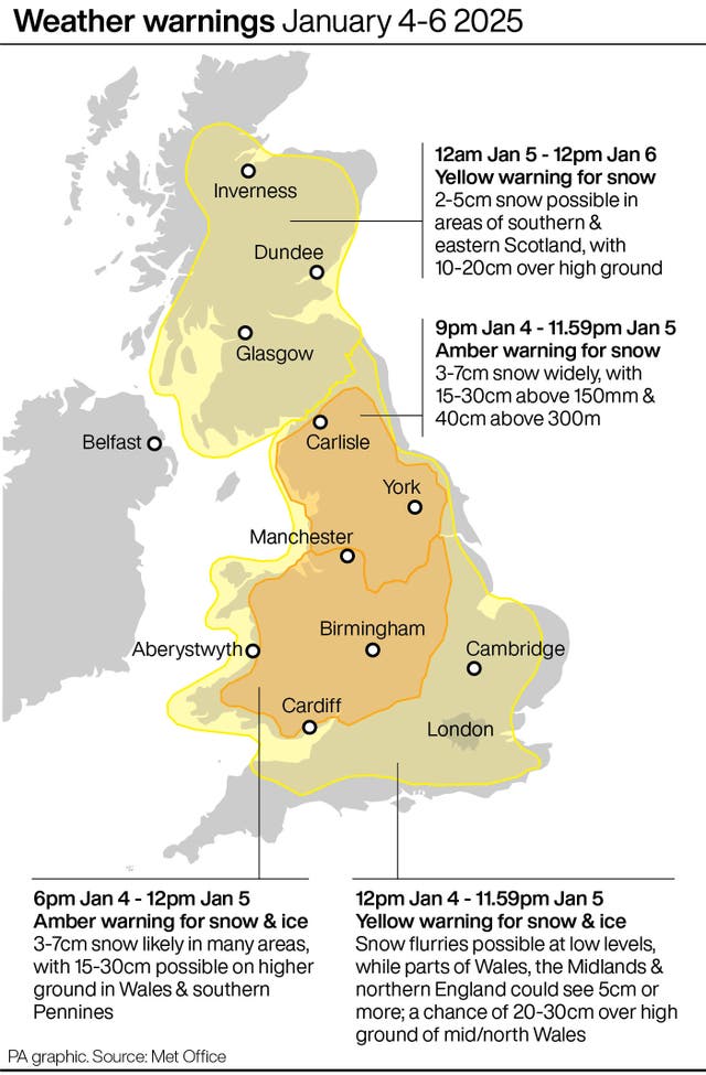 Map highlighting the parts of the UK affected by yellow and amber weather warnings between January 4 and 6