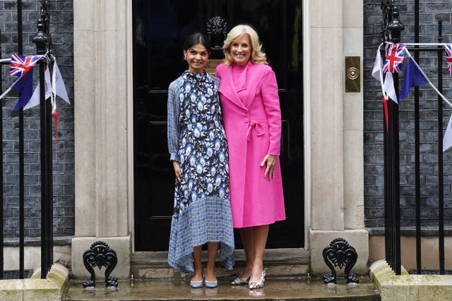 Akshata Murty greets Jill Biden outside 10 Downing Street 