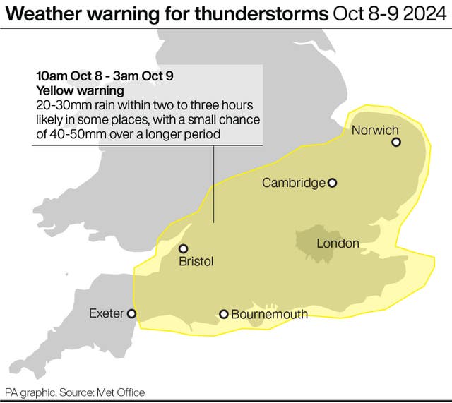 Map showing the area in the south and east of England covered by the weather warning for thunderstorms Oct 8-9 2024