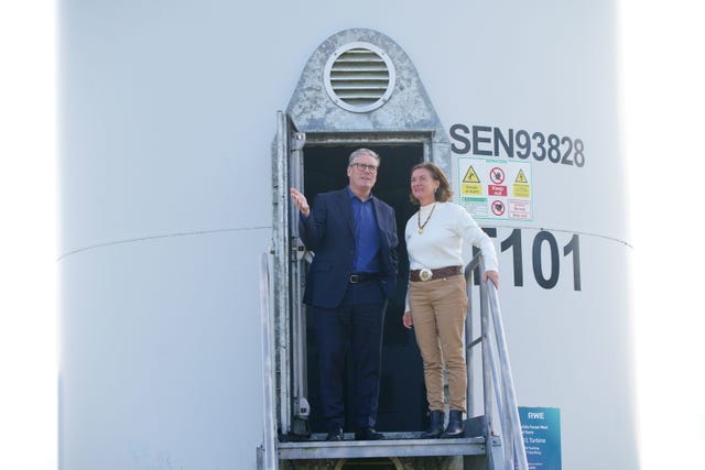 Prime Minister Sir Keir Starmer and First Minister Baroness Eluned Morgan saw inside a wind turbine