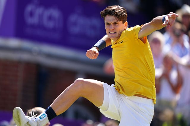 Jack Draper leaps in celebration after beating Carlos Alcaraz