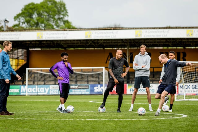 The duke (second right) playing football with (left to right) Dan Walker, Danny Rose, Thierry Henry, Peter Crouch and Jermaine Jenas