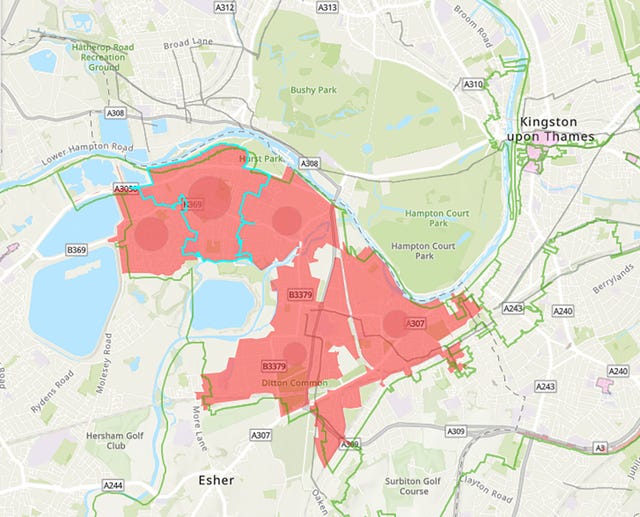 A map showing the affected areas following a water main burst which is affecting water supply in south London and Surrey 