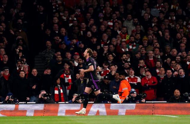 Bayern Munich’s Harry Kane celebrates scoring against Arsenal