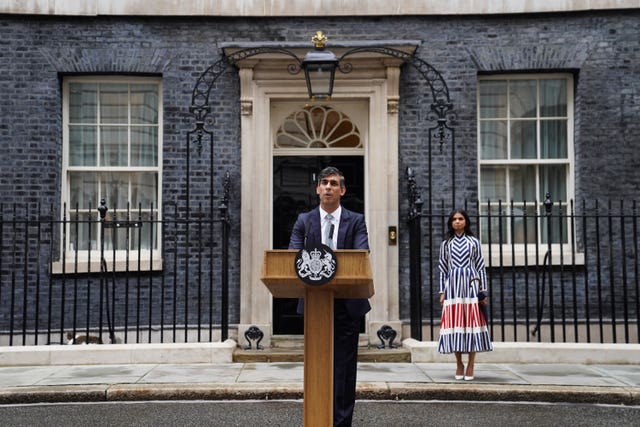 Outgoing Conservative prime minister Rishi Sunak gives a speech in Downing Street, London, following his party’s landslide defeat to the Labour Party in the 2024 general election