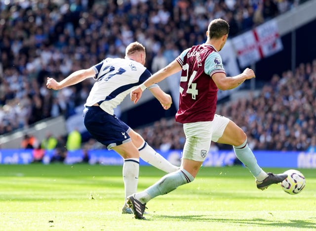 Tottenham’s Dejan Kulusevski strikes the ball to score the equaliser. 