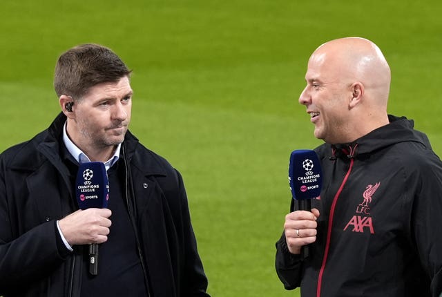 Steven Gerrard, left, and Arne Slot speaking post-match