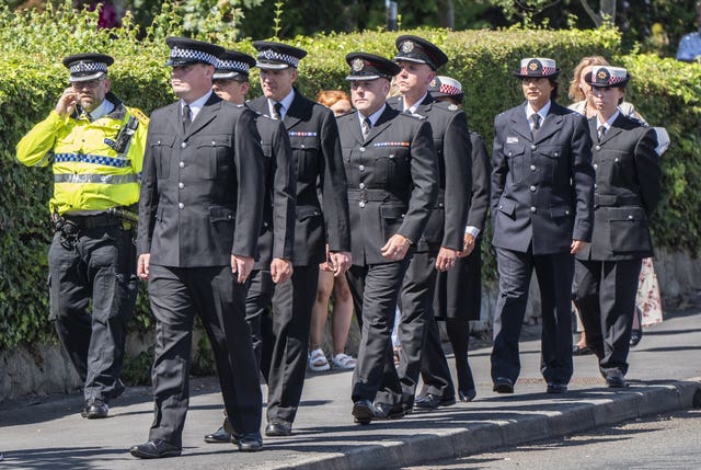 Police officers outside St Patrick’s Church, Southport, ahead of the funeral of Southport stabbing victim Alice da Silva Aguiar