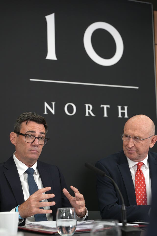 Prime Minister Andy Burnham next to Chancellor John Healey during a National Economic Council meeting at No 10 North, located in Heron House, central Manchester