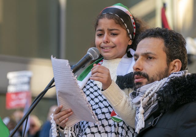 Jeewan Wadi, 8, addressing the crowd at a pro-Palestinian rally