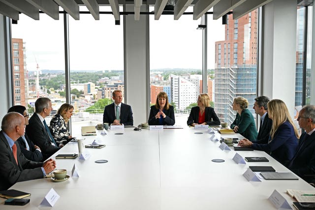 Chancellor Rachel Reeves (centre) with Lloyds Banking Group chief executive Charlie Nunn (top of table, left) and Economic Secretary to the Treasury Emma Reynolds (top of table, right) during a roundtable discussion with top finance executives at Lloyds Banking Group’s offices in Leeds, West Yorkshire, as she announces a package of financial services reforms