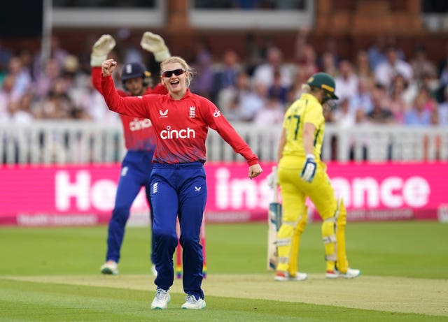 England’s Charlie Dean celebrates the dismissal of Australia captain Alyssa Healy