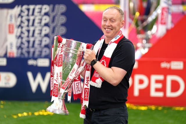 Nottingham Forest manager Steve Cooper celebrates with the trophy after victory in the Sky Bet Championship play-off final at Wembley 