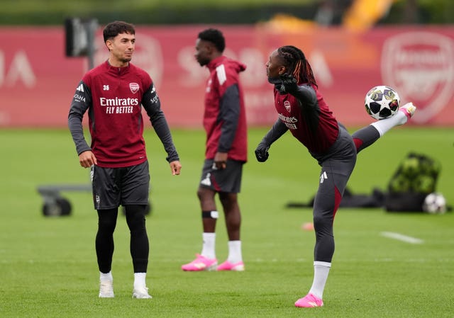 Arsenal’s Martin Zubimendi (left) and Eberechi Eze during a training session