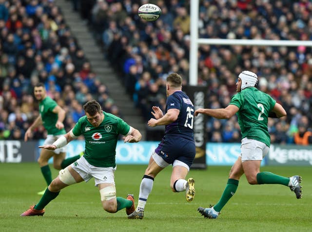 Hogg kicks ahead just before being injured by a late challenge from Ireland's Peter O'Mahony