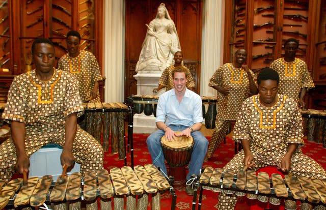 William plays the drums with the Shakarimba band from Botswana ahead of his 21st birthday in 2003 