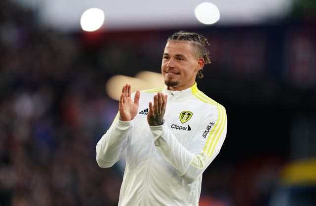 Leeds United’s Kalvin Phillips applauds the fans before the Premier League match at Selhurst Park, London. Picture date: Monday April 25, 2022.