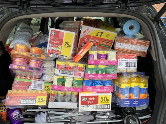 Undated handout photo of some of the groceries that Dean Vine has purchased to produce food parcels for the elderly and vulnerable. The father-of-five has spent hundreds of pounds of his own money buying food parcels for the elderly and vulnerable after seeing a woman in tears because a shop had sold out of painkillers